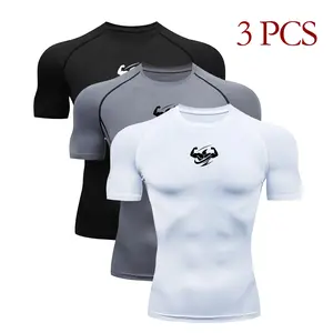 3-pack men’s compression athletic T-shirts with muscle logo, raglan sleeves, quick-dry, moisture-wicking, breathable stretch base layer, suitable for gym weight training