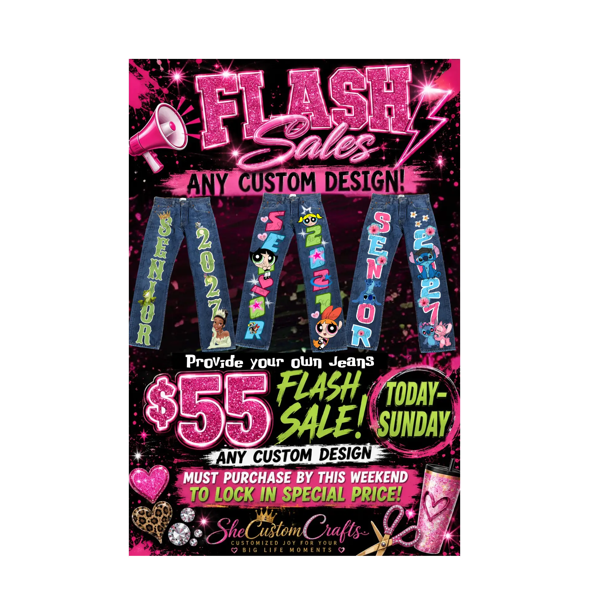 Custom Senior Jeans Flash Sale | Bring Your Own Jeans – $55