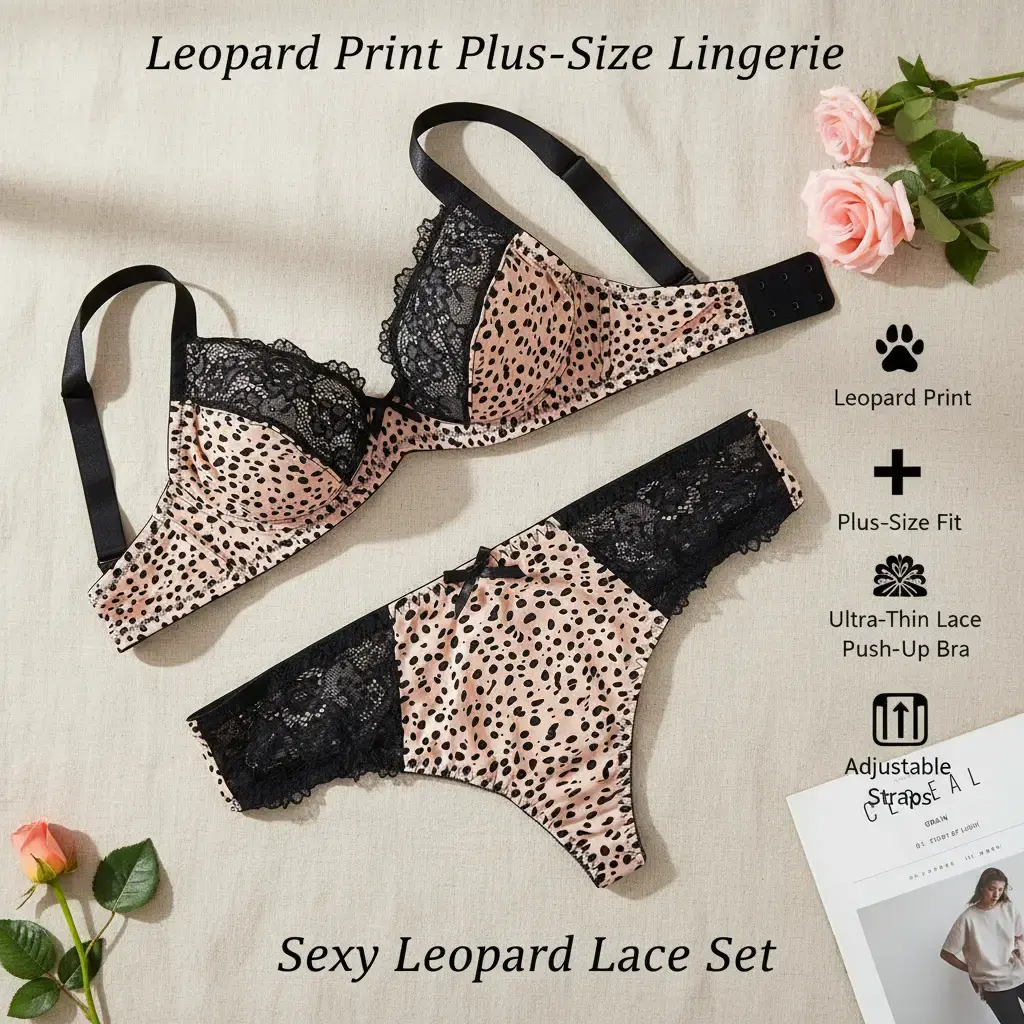 Maener New sexy leopard print plus-size underwear set - Ultra-thin lace printed, push-up, breathable, adjustable shoulder straps bra and panties, Vintage, Fabric summerwins,summerwins Elegant Black