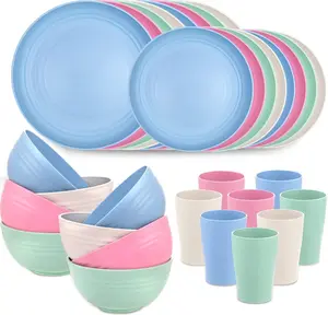 32 Count Plastic Dinnerware Sets Reusable Tableware Dishes Set with 16 Plates 8 Bowls 8 Cups Microwave Dishwasher Safe 3 Color