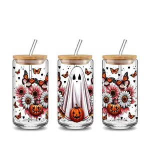 Gothic Halloween Butterfly Ghost Design 16oz Glass Water Cup Tumbler with Lid and Straw, Bamboo Lid Reusable Gass Drinking Cup, High-Quality Glass Jar Design, Suitable for Iced Coffee, Beer, Juice, Milk, Cold Drink Glass Cups, Fashionable Glassware