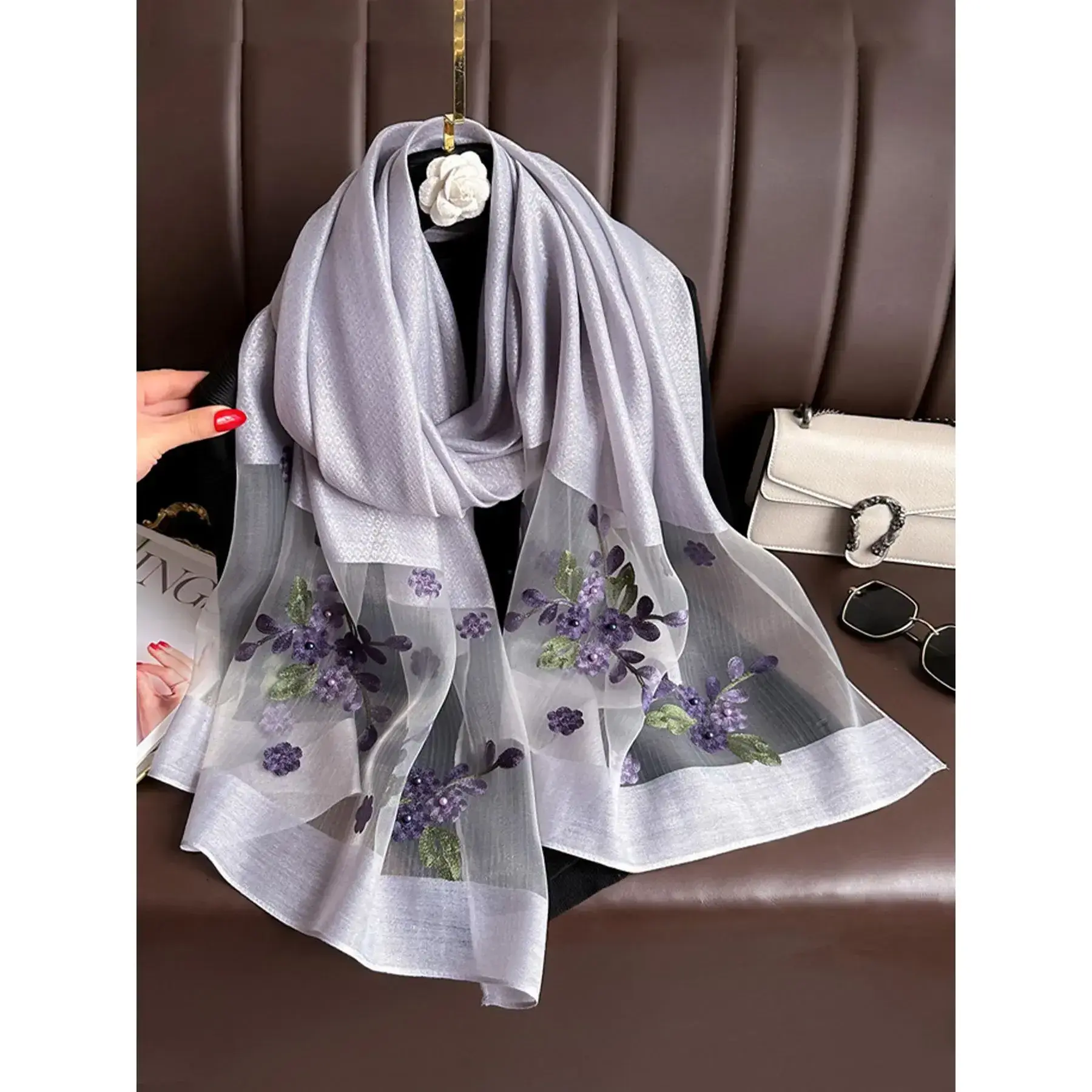 Elegant Floral Embroidered Silk Scarf for Women, Boho Style Scarf, Stylish Sun Protection Beach Shawl with Beads, Bohemian Windproof Must-Have Elegant Floral Embroidered Silk Scarf for Women, Boho Style Scarf, Stylish Sun Protection Beach Shawl with Beads, Bohemian Windproof Must-Have