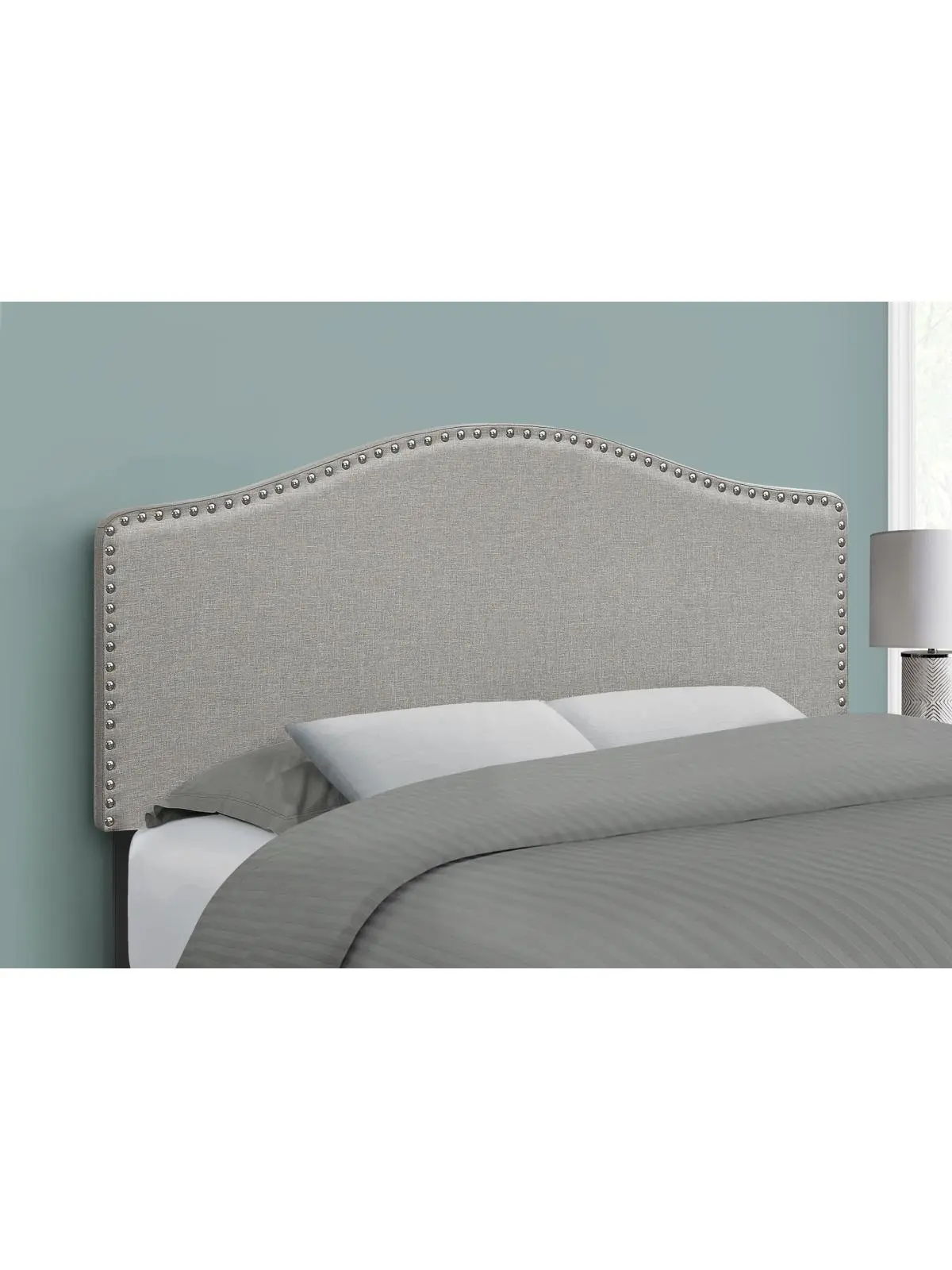 212 MAIN Adjustable Full Size Headboard - Gray Linen Blend Fabric-Covered Arched Shape, Nail Head Trim, Transitional Indoor Furniture Bed Headboard, Adjustable Bed Headboards, Arch Shape Headboards