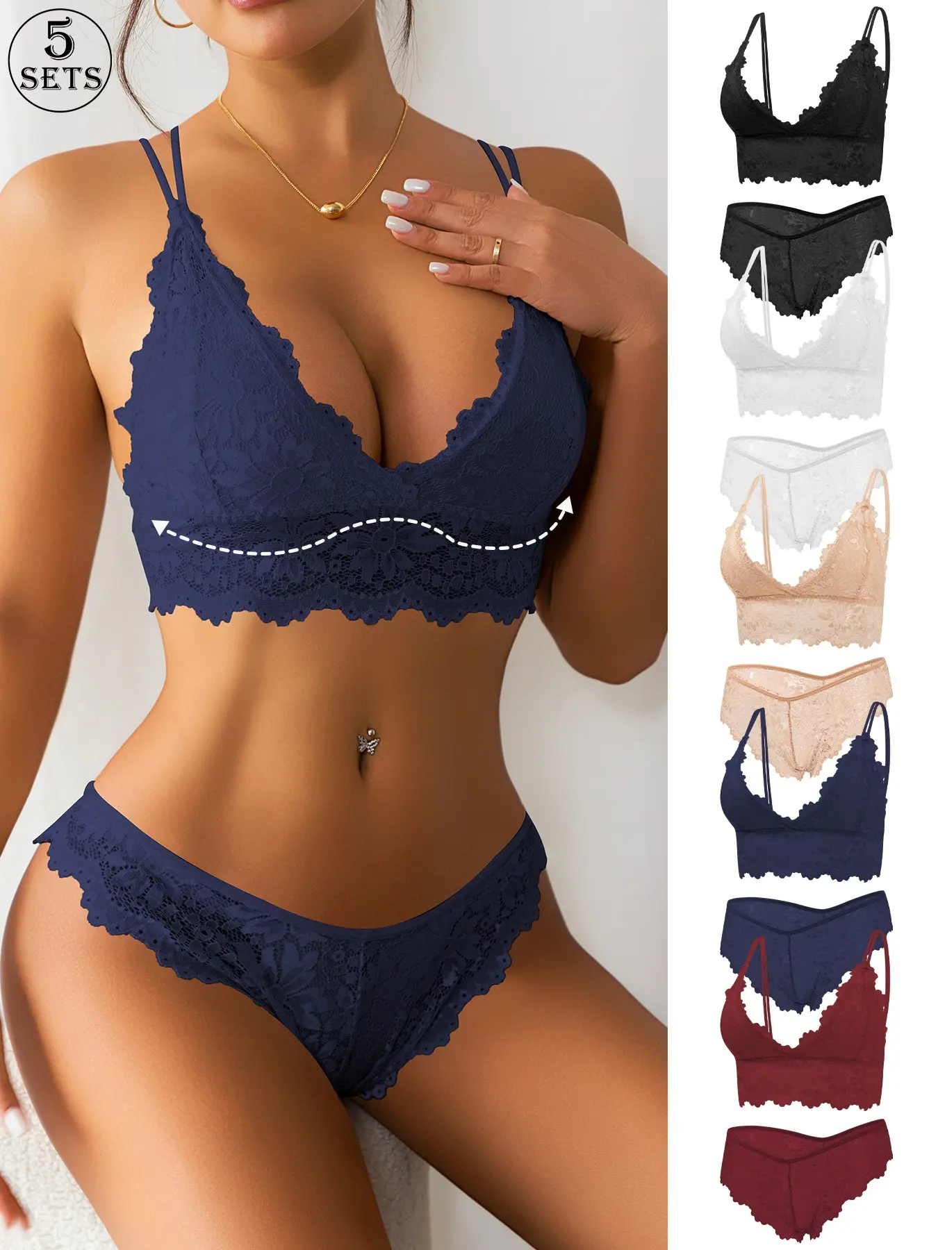 10pcs lace Women's Lingerie Underwear Backless bra and panty set with removable cup pads lightweight breathable Fit