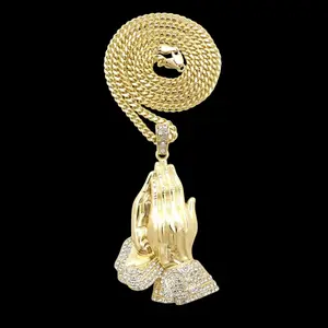 Prayer Hands Religious Charm Pendant & 4mm 18" 20" 24" Cuban Chain Hip Hop Necklace Jewelry Unisex Men Women