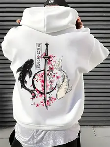 Men's Koi Pattern Graphic Hoodie, Loose Fit Long Sleeve Casual Sweatshirt, Spring & Fall Fashion with Pockets, Daily Wear Top