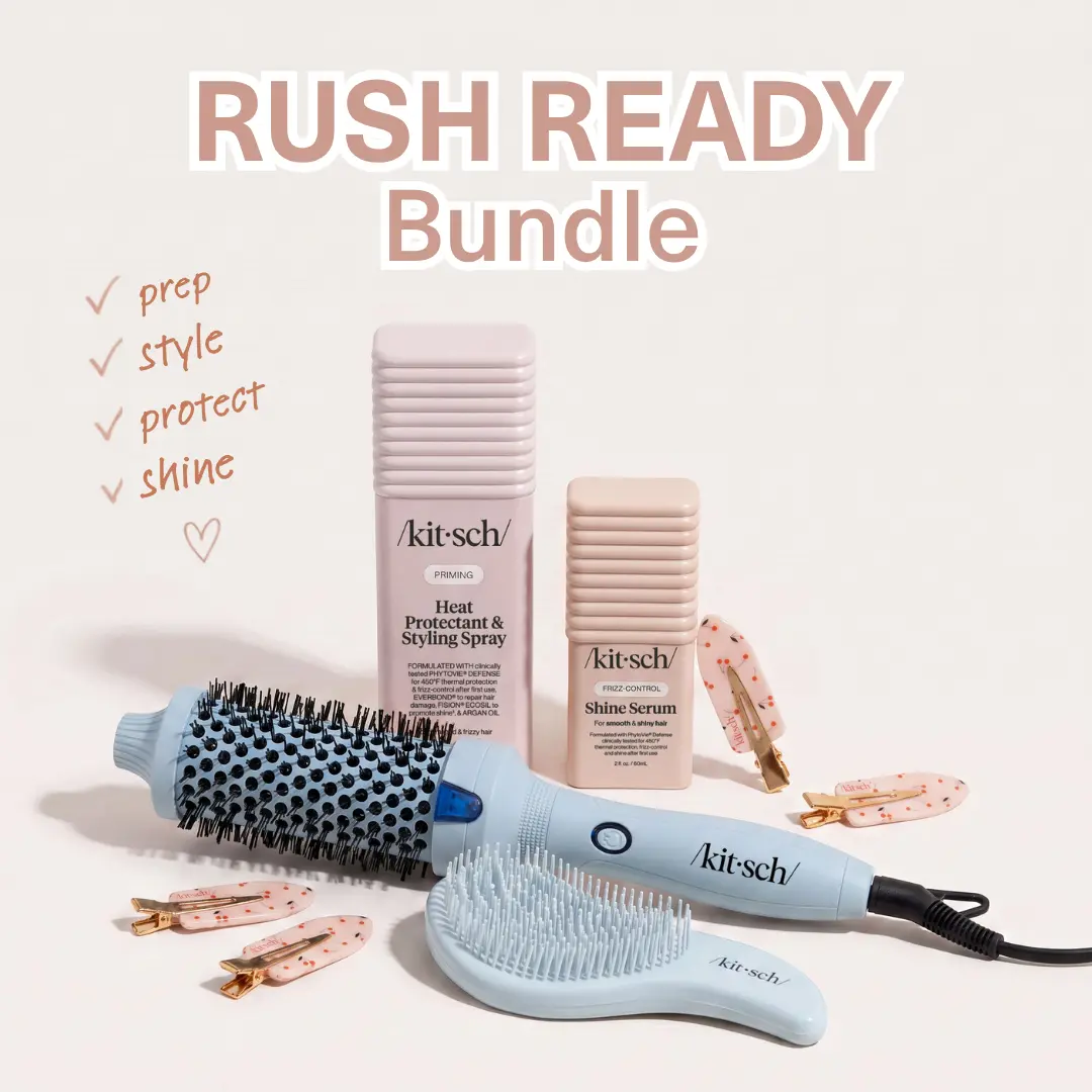 KITSCH RUSH READY BUNDLE – Blowout & Heat Styling Essentials - Large Volumizing Thermal Round Brush - Heat Protectant Mist - Shine Serum - Detangling Brush - Creaseless Clips