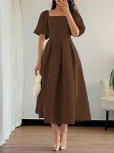 Elegant Women's A-Line Midi Dress, Square Neck Bubble Sleeve, Waist Cinched Flared Hem, Perfect for Casual and Formal Occasions