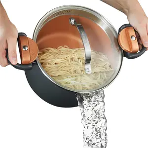 Multipurpose Pasta Pot with Strainer Lid & Twist and Lock Handles, Nonstick Ceramic Pot for Soup, Spaghetti, Rice, Pots for Kitchen, Dishwasher Safe - Copper