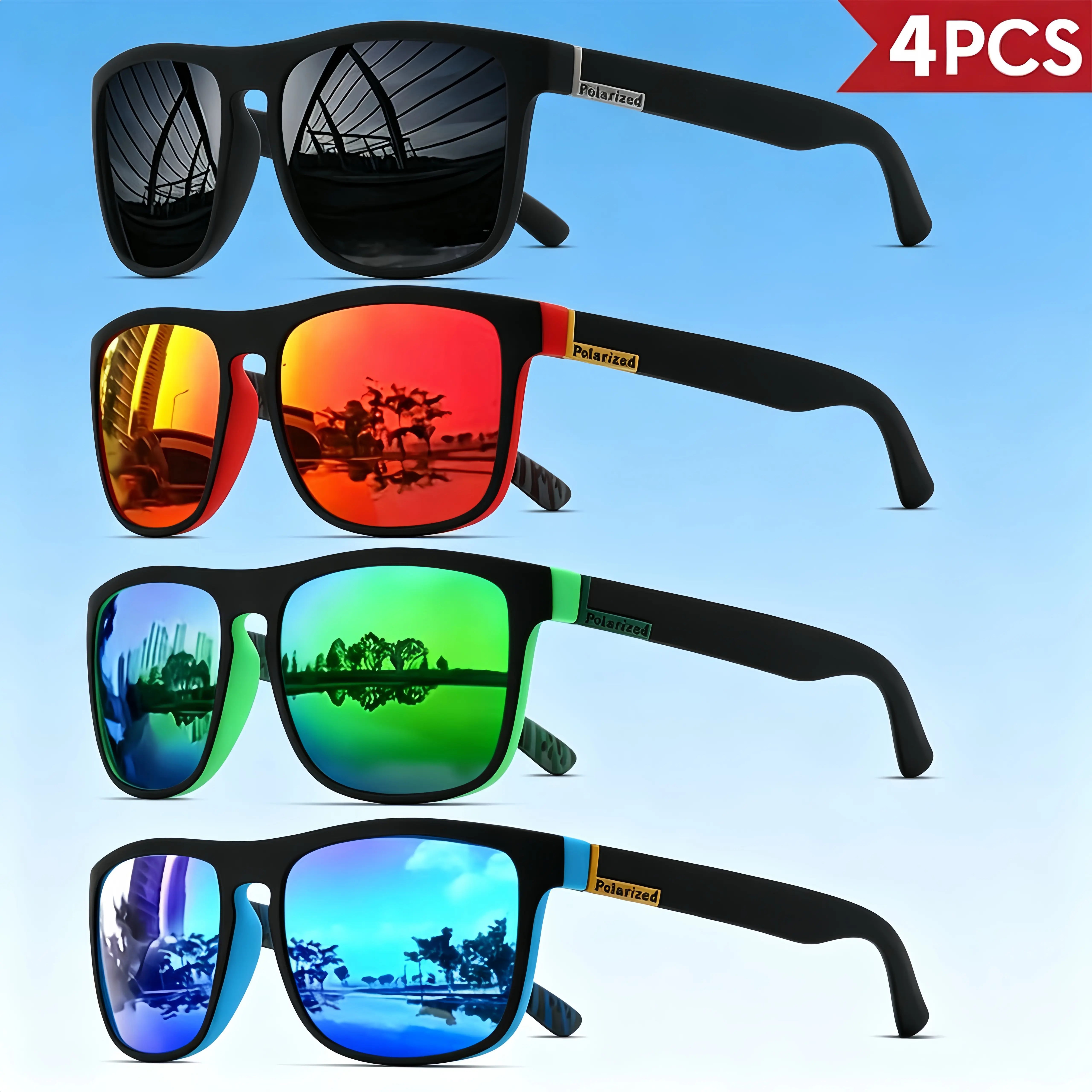 Unisex 4-Pack Classic Square Polarized Sports Sunglasses - UV400 Protection, Lightweight PC Frame, Men's Accessories, Gifts for Boyfriend, Polarized Glasses for Driving, Fishing