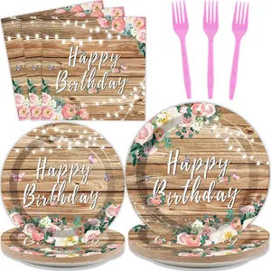 96PCS Spring Floral Birthday Party Plates Rustic Pink Flower Wood Grain Tableware Set for Girls Kids Bridal Shower Party Supplies Paper Plates Napkins Decorations for 24 Guests