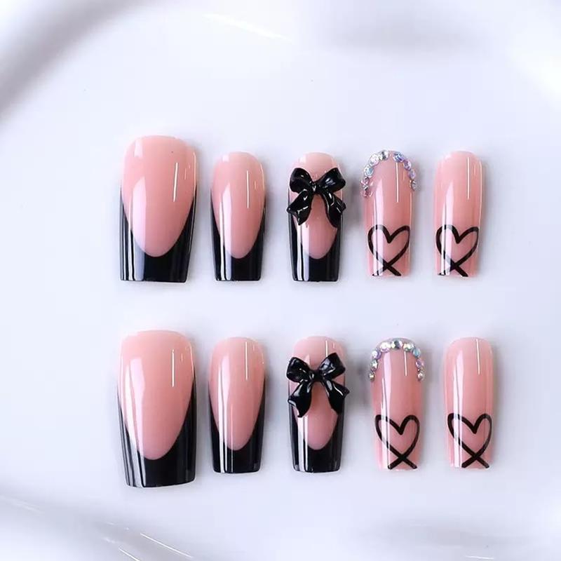 Medium Coffin Press On Nails Black French Tip with Bow and Heart Charms 24 Pcs Fake Nails for Women