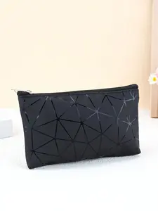 Everydaybag, Geometric Black PU Leather Makeup Bag – Lightweight Travel Zipper Pouch for Holiday, Party & Daily Use