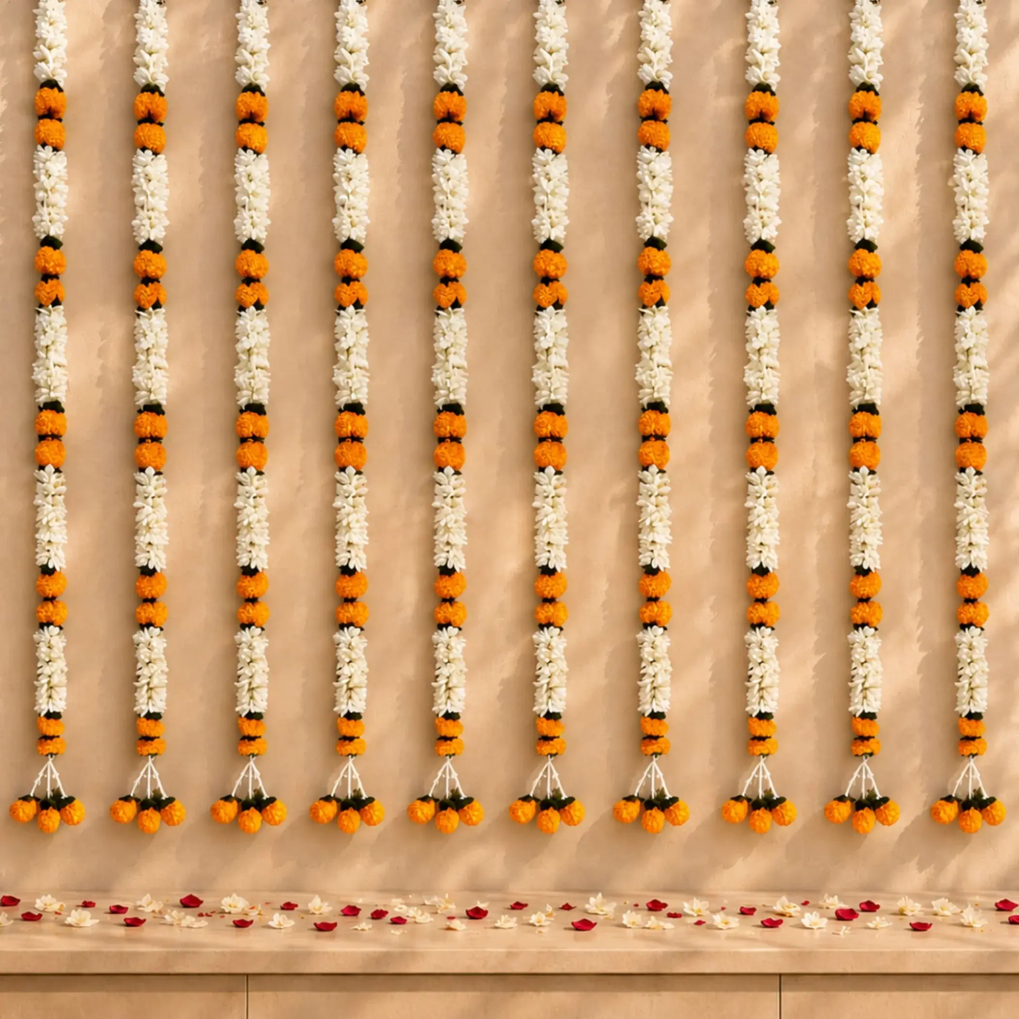 Timeless Jasmine Marigold Garland | Artificial Flowers for Diwali, Weddings & Events | Vibrant, Eco-Friendly Floral Decor | 2 Strings