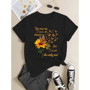 Plus Size Women'S T-Shirt Featuring a Sunflower And Butterfly Design with an Uplifting Message, Perfect for Casual Wear in Spring And Summer  This Short-Sleeve Round Neck Tee Is a Floral Graphic