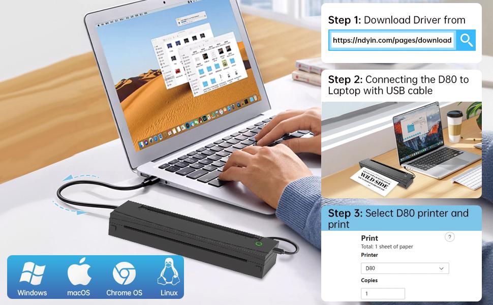 Portable Printer Wireless for Travel, D80 Thermal Printer, Inkless Printers, Compatible with iOS, Android, Laptop, Supports 8.5" x 11" US Letter & A4 & A5 for Home Use, Office, Vehicles, Black