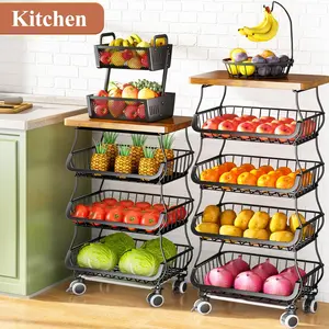 Fruit Basket Kitchen Pantry Organizers and Storage - Wooden Top Table, Stackable Metal Wire Decor