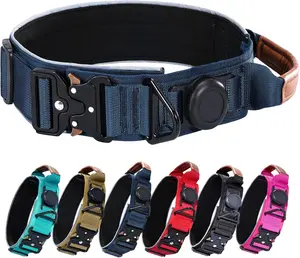 Airtag Dog Collar, Tactical Dog Collar with AirTag Holder & Handle, 2" Wide Heavy Duty Military Collar with GPS Tracking for Medium Dogs, Reflective Nylon Collar with Metal Buckle (Blue, M)