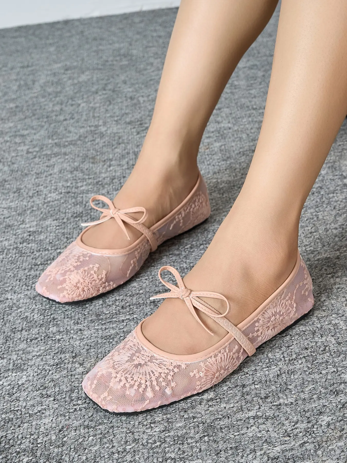 Women's Elegant Embroidered Mesh Bow Flats, Fashionable Flats, Lightweight Breathable Summer Spring Office Commuting Shoes, Comfortable Square Toe Flat Shoes Footwear
