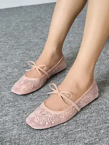 Women's Elegant Embroidered Mesh Bow Flats, Lightweight Breathable Summer Spring Shoes, Comfortable Square Toe Flat Shoes