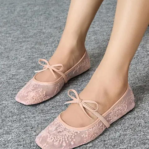 Women's Elegant Embroidered Mesh Bow Flats, Lightweight Breathable Summer Spring Shoes, Comfortable Square Toe Flat Shoes, Bow Decorated Shoes