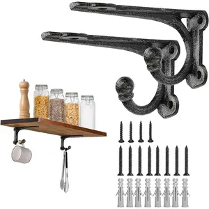 Shelf Brackets 4 Inch 2 Pack, Cast Iron Shelf Brackets for Wall Shelving, Rustic Shelving Brackets with Hooks Black, Heavy Duty Floating Brackets Wall Mounted