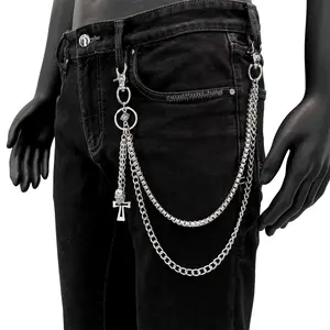 Mens Cool Punk Hip Hop Jeans Pants Chain Skull Cross Double Chain Wallet Chain