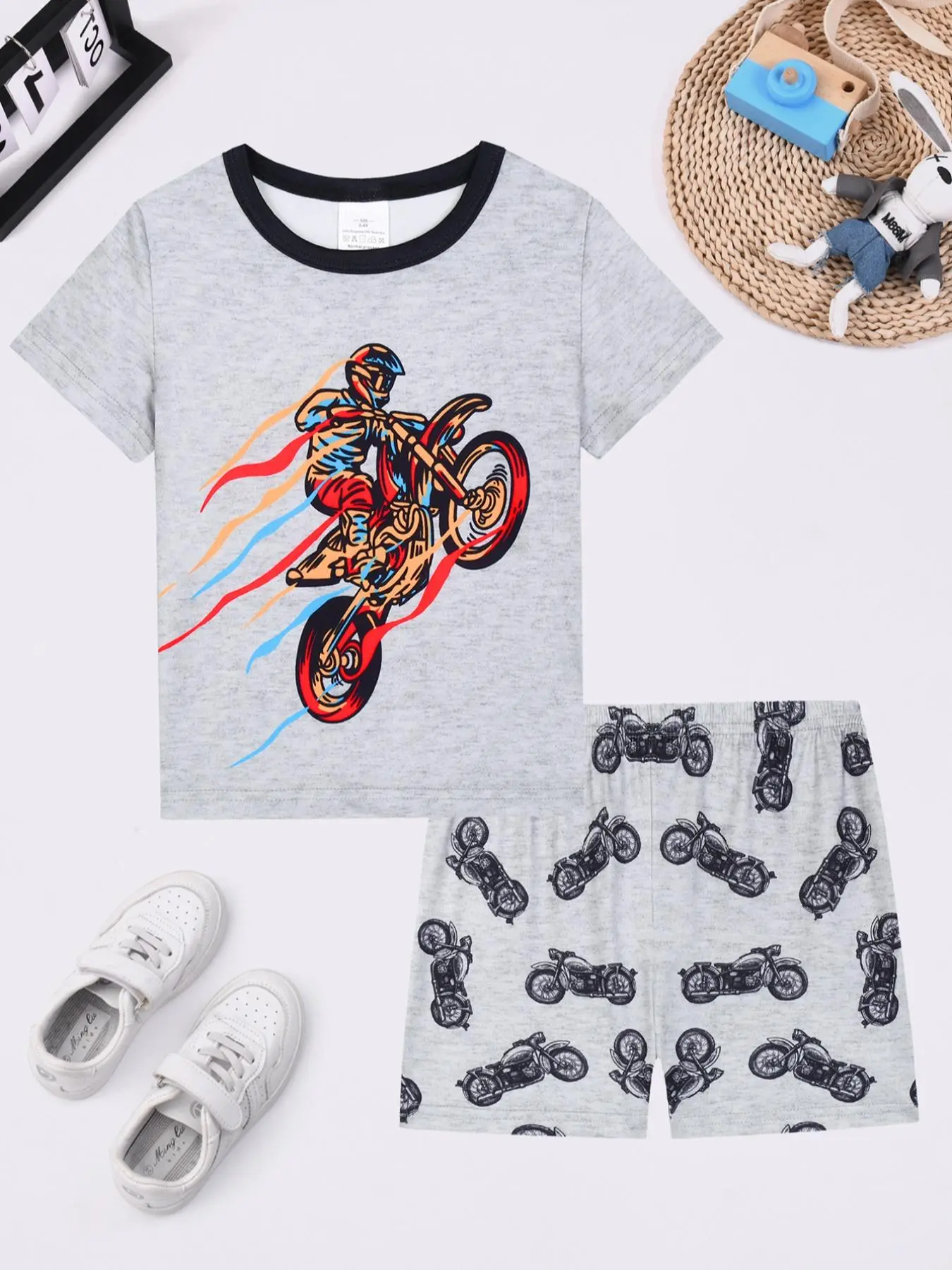 Round Neck Short Set Tee, Motorcycle Digital Print, Fashion Comfortable Pajamas, Nightwear, Cartoon Pattern, All Seasons, Casual Style