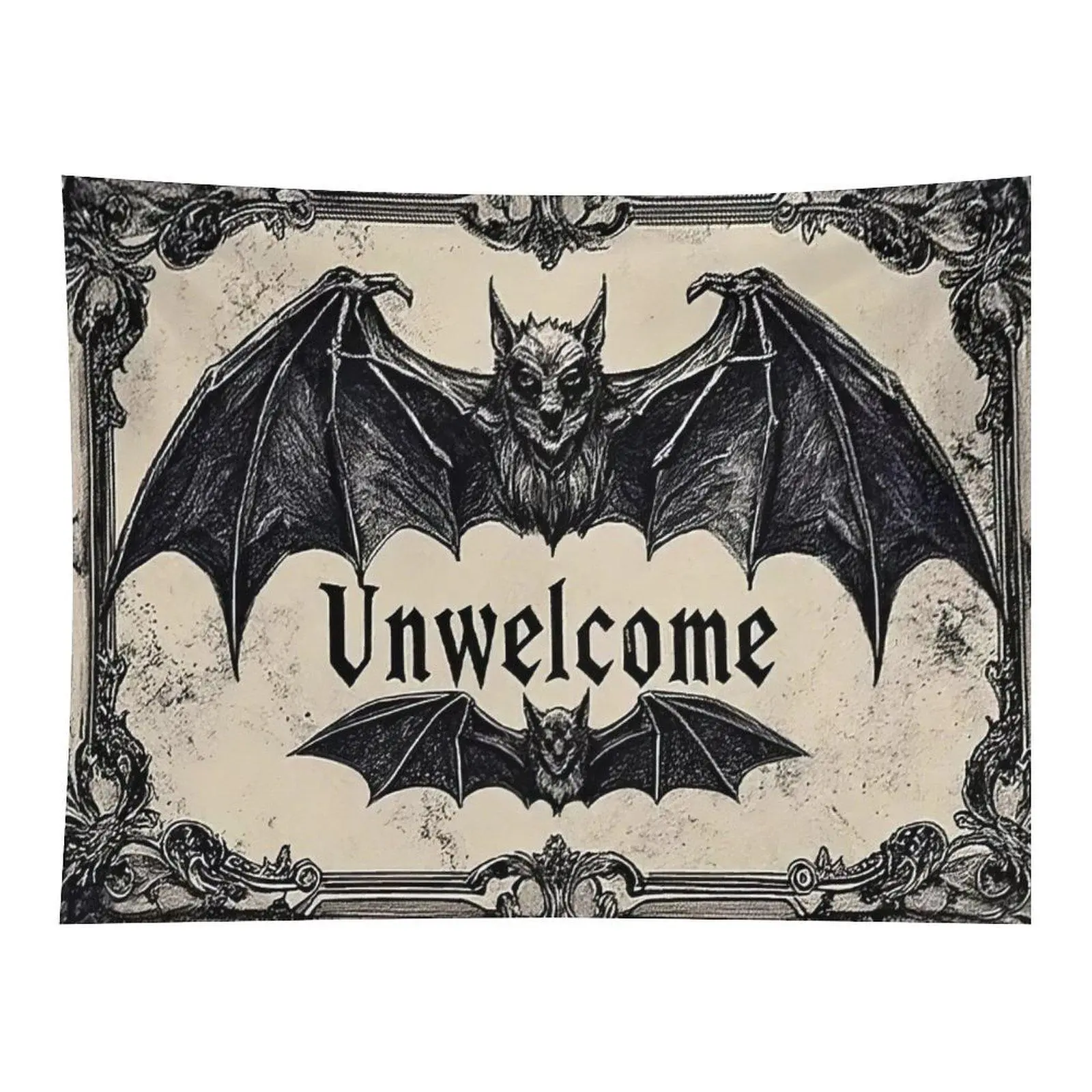 Gothic Vintage Bat Unwelcome Spooky Halloween Wall Tapestry Wall Hanging, Antique Engraving Dark Creepy Bat Frame Art Decor for Horror Moody Bedroom Dorm Ornament