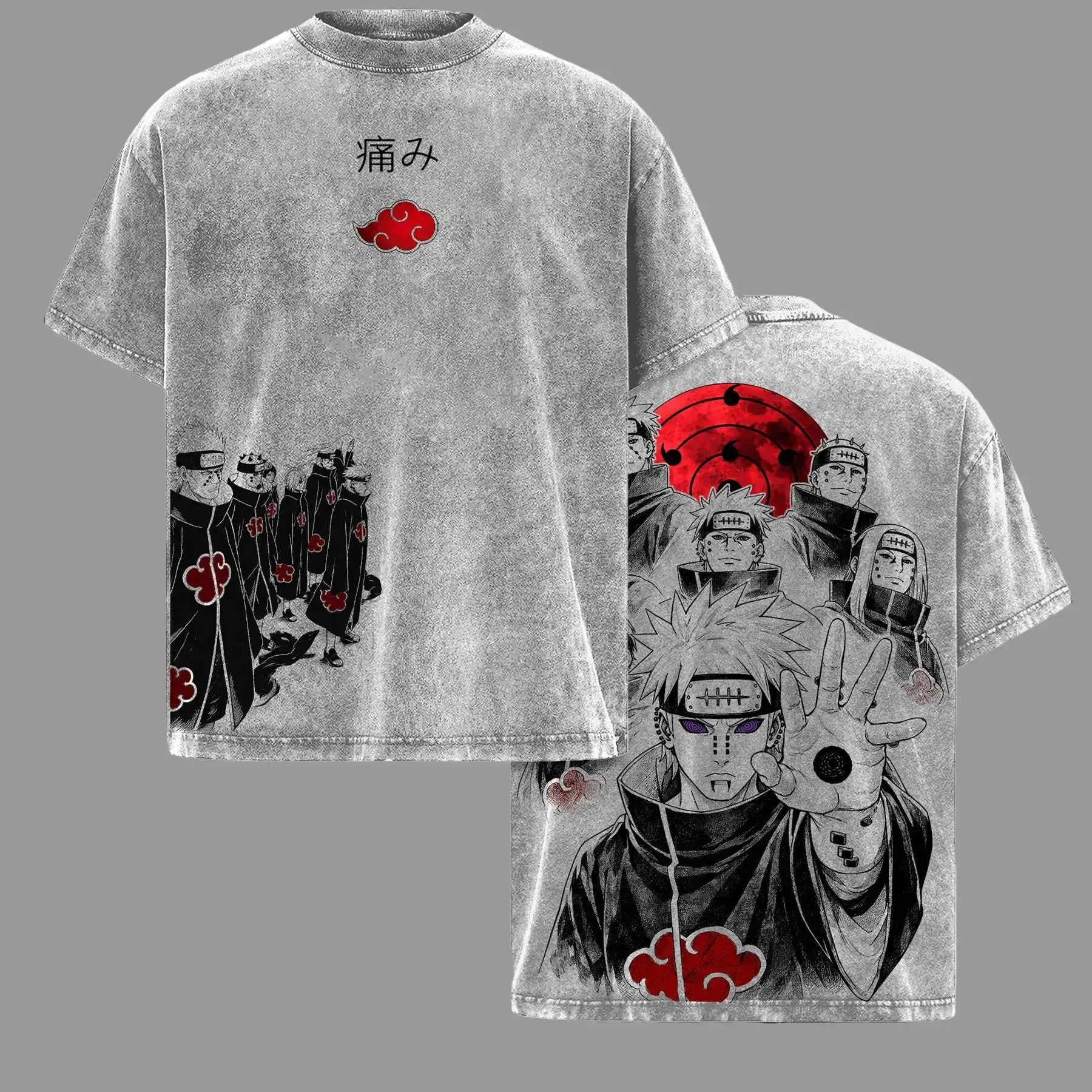 Men's NRT Akatsuki 6 Paths Anime Graphic Tee - Cold Wash, Pre-Washed, Relaxed Oversized Y2K Retro Casual Heavyweight Streetwear, Gift for Anime Lovers