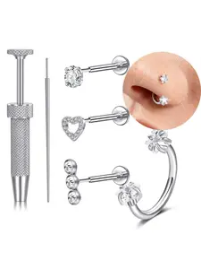 20G Push In Nose Stud Horseshoe Nose Ring Flat Back Earrings Nostril Piercing Jewellery Tragus Earring Hoops Lip Helix Piercing Jewelry Septum Rings Nose Piercings Kit