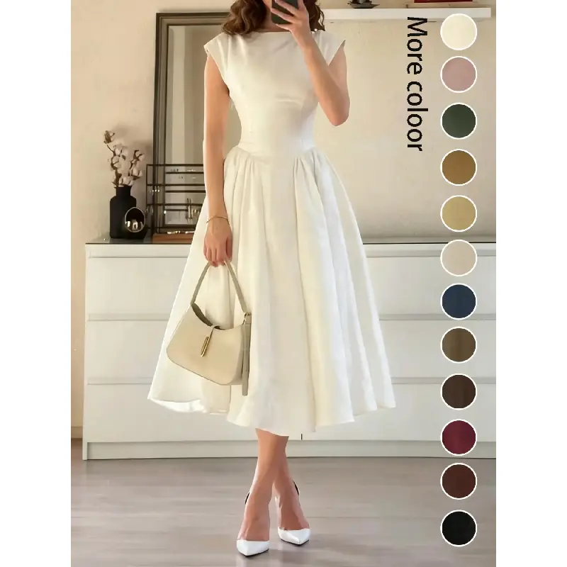 Women's Casual Chic Fashion Dress, Womenswear Elegant Vintage New Solid Color Long Puffy Dress for Summer, French Waist Cinched Dress for Wedding Date Outing
