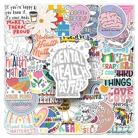 Mental Health Themed Sticker, 50pcs/set Self Adhesive Decor Paper, Plastic Decor Sticker for Greeting Card Water Bottle Laptop Phone Cellphone Smartphone