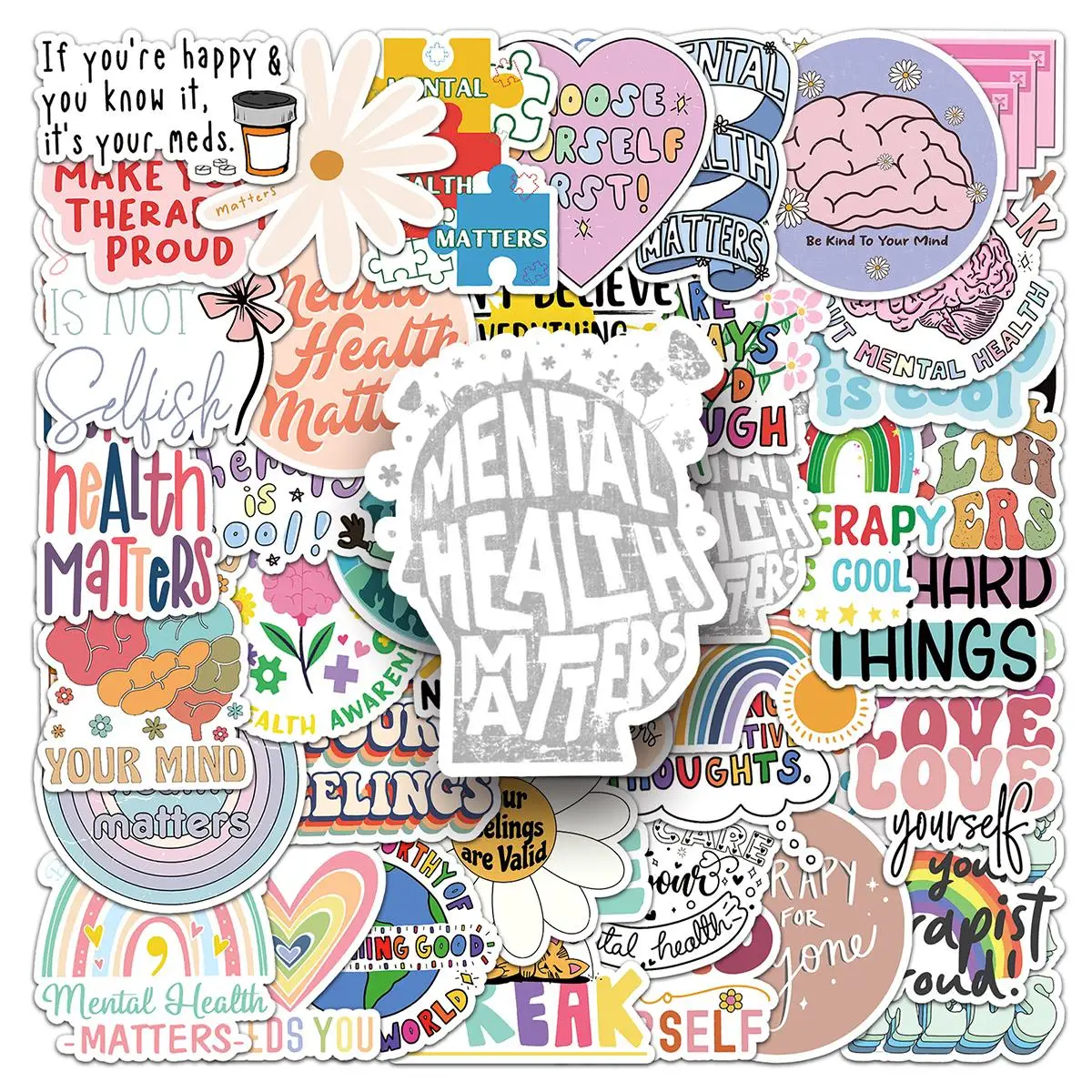 Mental Health Themed Sticker, 50pcs/set Self Adhesive Decor Paper, Decor Sticker for Greeting Card Water Bottle Laptop Phone, Scrapbooking Supplies, C