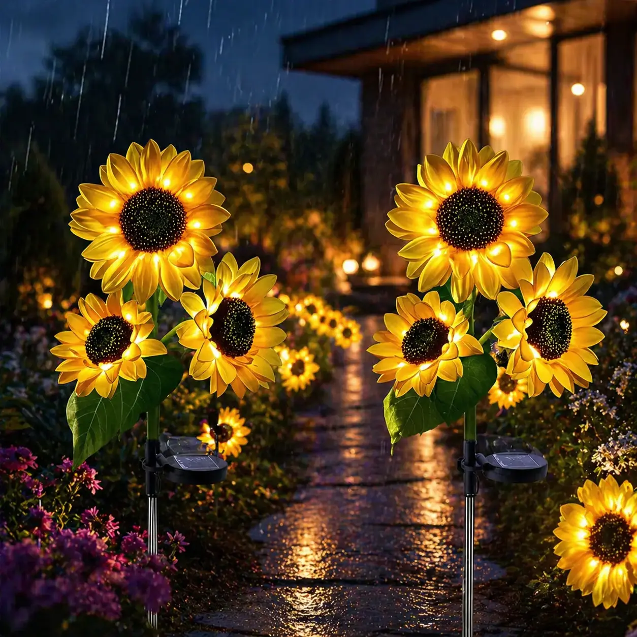 3-Head  Solar Sunflower Lights (Set of 2/4/6/8), Auto Charging, IP65 Waterproof, Realistic Blooms, Energy-Efficient Durable Plastic Plant Decor, 12h Solar Runtime, Stake & Forget for Outdoor Garden Decorative Lighting