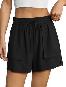 Women Drawstring Elastic High Waist Casual Shorts Solid Loose Fit Split Hem Shorts With Patch Pockets Daily Beach Short Pants #SummerOutfit
