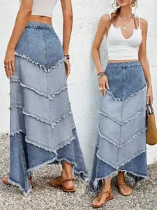 Mature Denim Women's Long Denim Patchwork Skirt, Casual Holiday Style, Blue Women Short Summer For Women Vacation Woman Western Wear Women Cowgirl For Women Concert Women Easter Boho Rave Festival Bohemian Boho Skirt