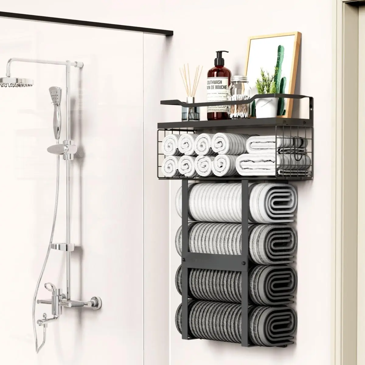 Aetyord Towel Racks for Bathroom, Metal Towel Organizer Holder with Storage Basket,Wall Towel Rack for Rolled Towels, Towel Storage for Small Bathroom(black,short)