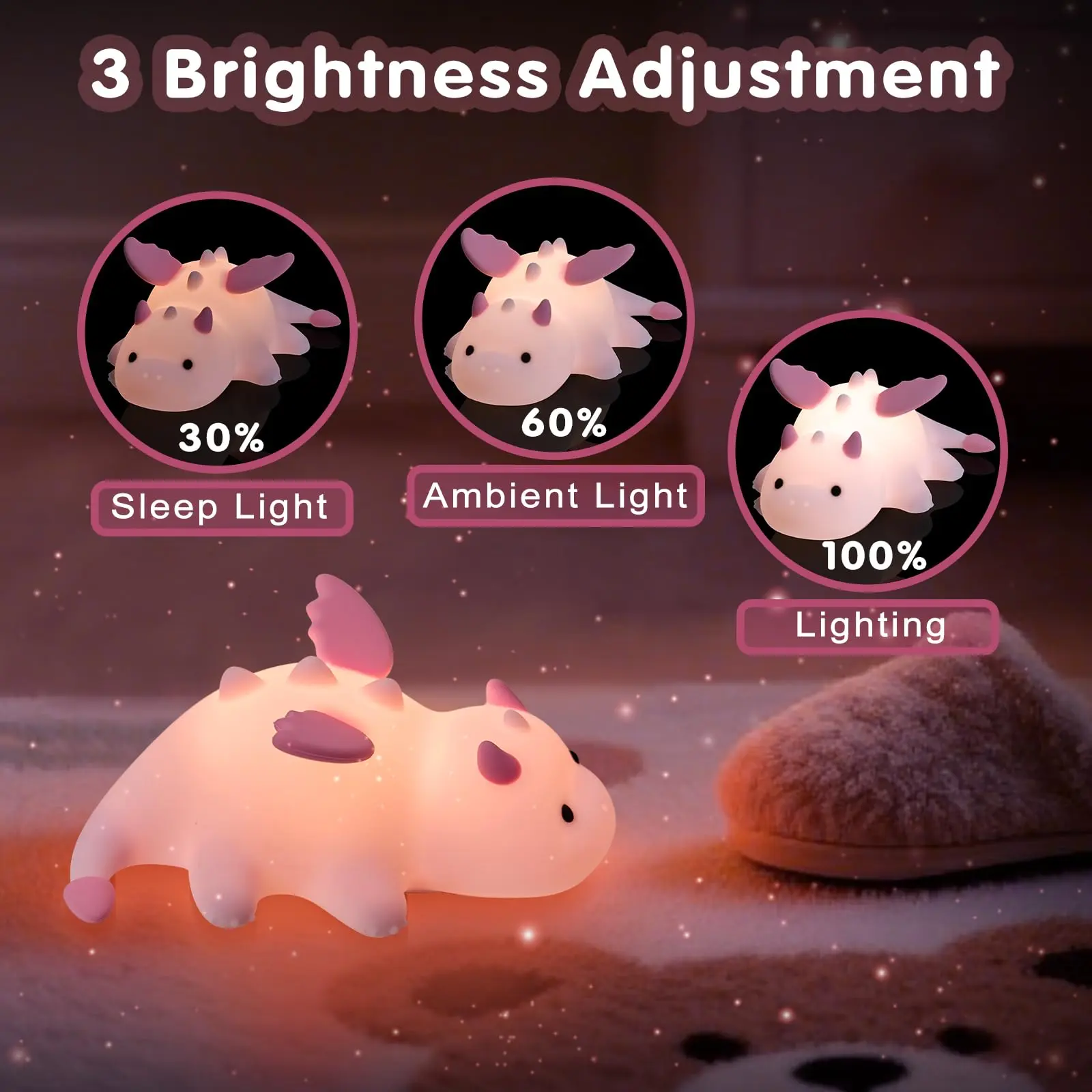 Cute Dragon Night Light for Kids, Soft Silicone Lamp 3 Level Dimmable, 7 Color Changing & Timer, Rechargeable Portable Lamps,Bedside Lamp, perfect for bedroom, best Gifts for Girls/Boys/Mother/ friend