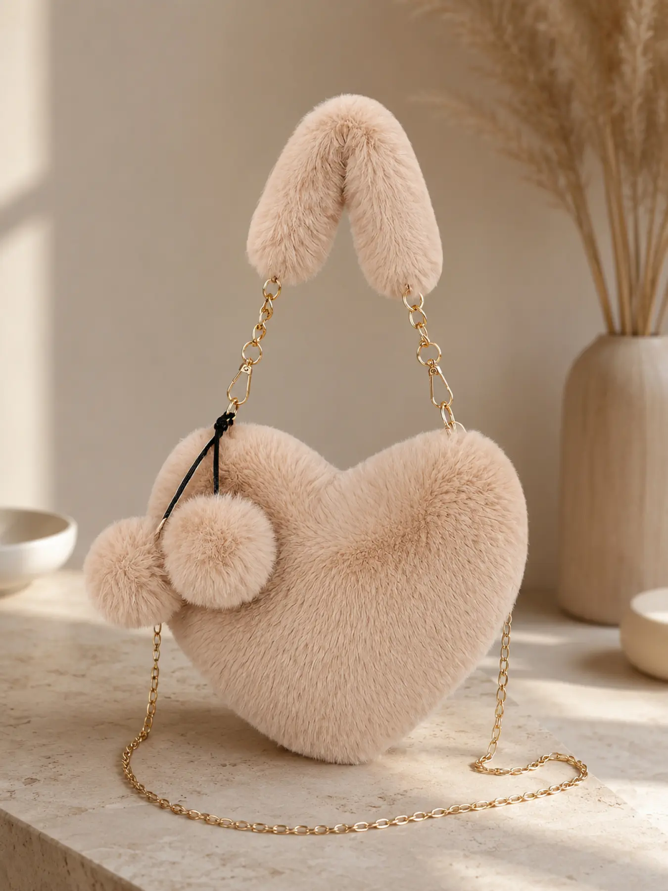 Women Heart Shaped Faux Fur Purse Fashion Plush Shoulder Crossbody Bag with Pom Pom Charm, Cute Soft Fluffy Handbag for Daily Use Dating Vacation Party, Perfect Valentines Day Christmas Birthday Gift for Teen Girls Wife Girlfriend Mother