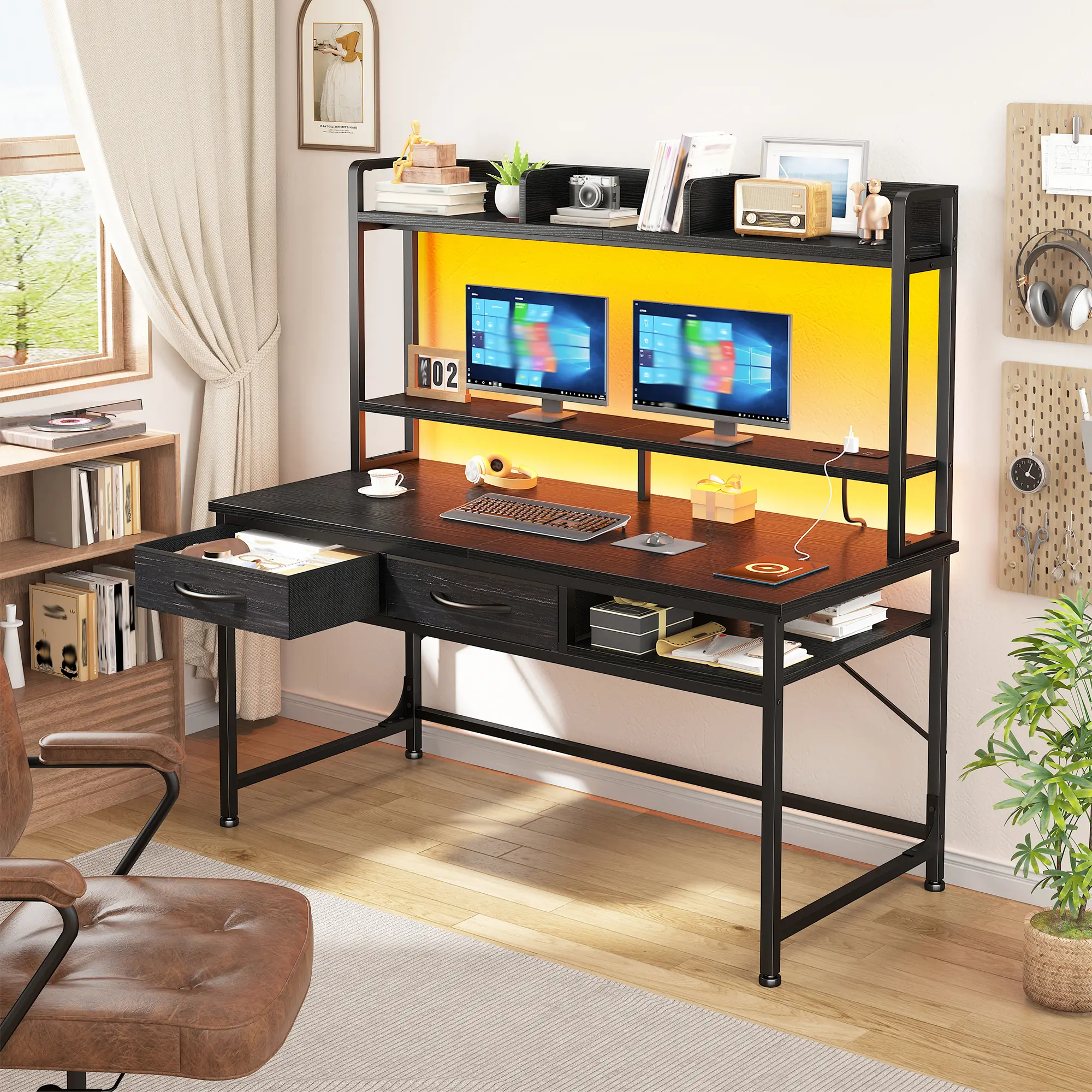 【Memorial Day】LED Gaming Desk with 2 Drawers & Power Outlets, Computer Desk with Moniter Stand & Top storage shelf, Office Desk & Writing Table Perfect for Small Space, Sturdy & Durable Study desk, Easy to Assemble, Black