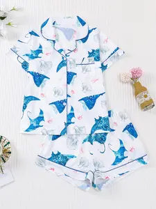Cute Clownfish Print Women's Pajama Set Loungewear, Short Sleeve Shirt Collar Button Soft Top & Elastic Shorts, Casual Home Wear