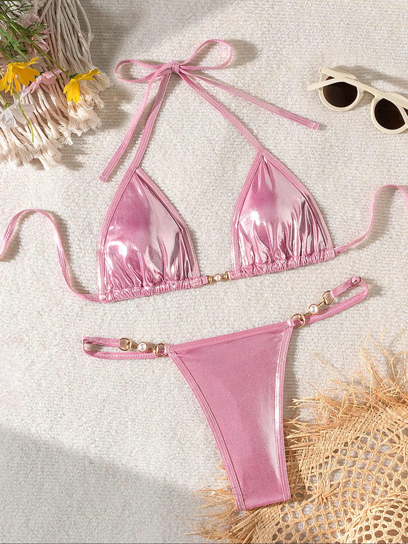 Women's Metallic Faux Pearl Decor Bikini Set, Elegant Halter Triangle Swim Bra & Thong Set for Beach, Fashion Chic Bathing Suit for Summer, Swimsuit Style Bikini, Triangle Bikini Top Swimwear Sets
