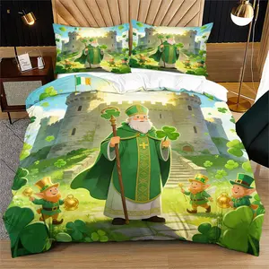 St. Patrick's Day Shamrock Pattern Duvet Cover Set, Includes 1 Duvet Cover And 1 Or 2 Pillowcases, Does Not Include Comforter Or Pillow Inserts, Festive Bedroom Decoration