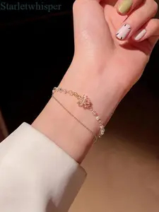 Trendy Layered Faux Pearl & Crystal Flower Bracelet for Women, Elegant High-Quality Statement Jewelry, Exquisite Daily Accessory Perfect for Anniversary, Birthday & Holiday Gifting