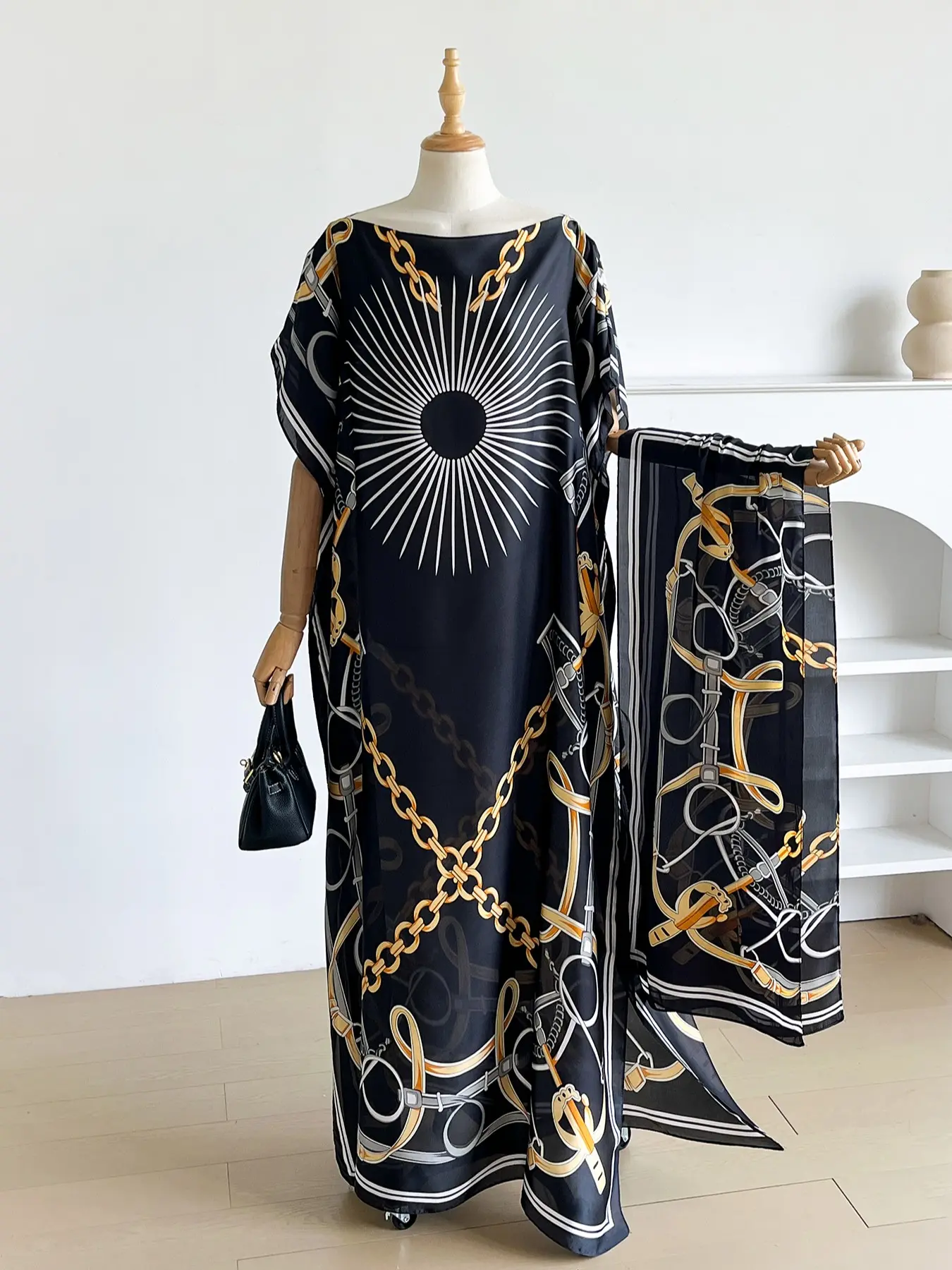 Moo Moo Long Dress Set with Chain Print, Elegant Fitted Scarf, Sun Protection Beach Wrap, All Seasons Fashion Accessory, Beachwear