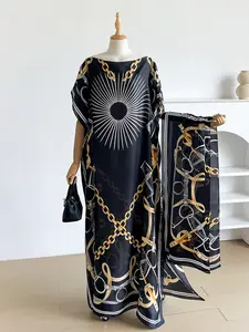 Moo Moo Long Dress Set with Chain Print, Elegant Fitted Scarf, Sun Protection Beach Wrap, All Seasons Fashion Accessory