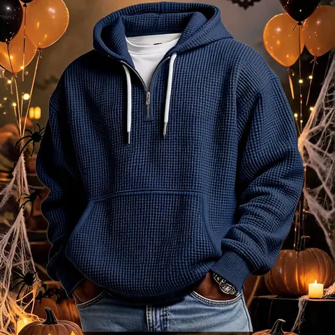 Men's Waffle Knit Quarter-Zip Adjustable Hood Long-Sleeve Hoodie - Casual Sporty Hoodies, Halloween Oversized Letter Print, Polyester Blend Fitted Top, Textured Knit Design, Long-Sleeve Zip Style, Men's Hoodies