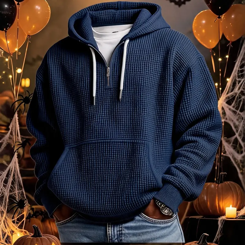 Men's Waffle Knit Quarter-Zip Adjustable Hood Long-Sleeve Hoodie - Casual Sporty Hoodies, Halloween Oversized Letter Print, Polyester Blend Fitted Top, Textured Knit Design, Long-Sleeve Zip Style, Men's Hoodies