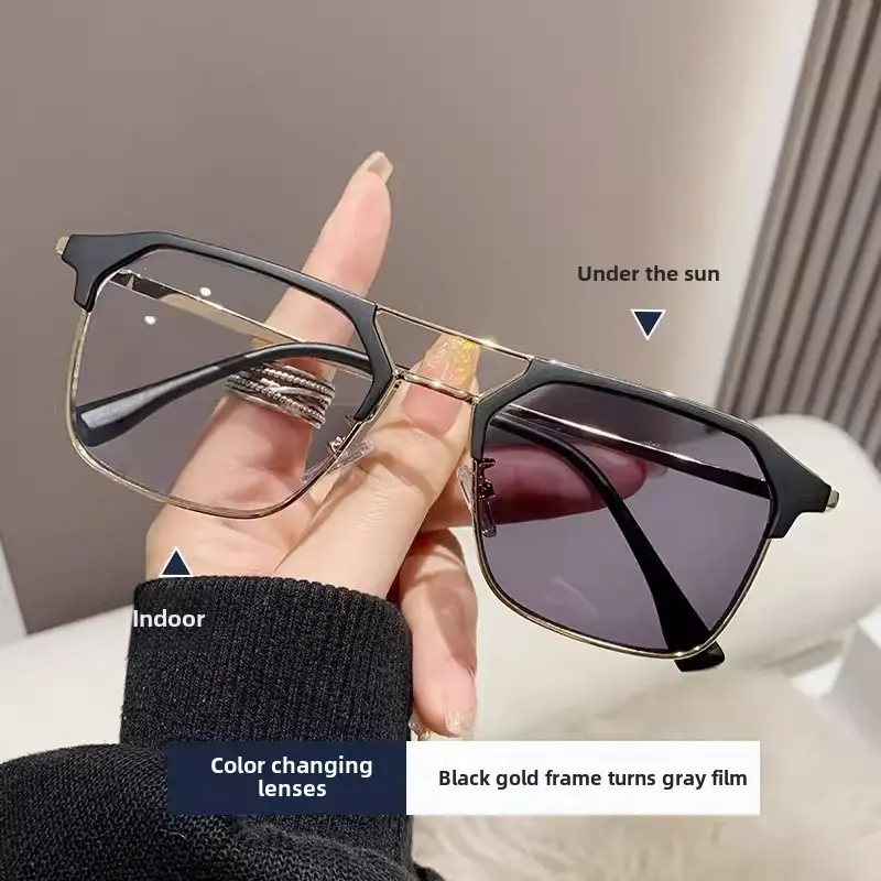 Color-Changing Anti-Blue Light Metal Double-Beam Men's Retro Personality Eyebrow Prescription Glasses Frame Versatile Fashion Rivet Set Sunglasses